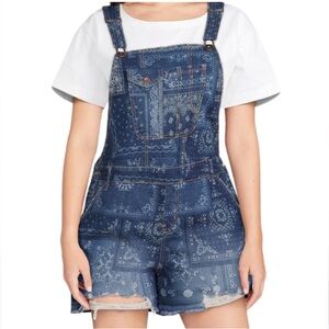 No Boundaries Denim Bandana Print Short Overalls L